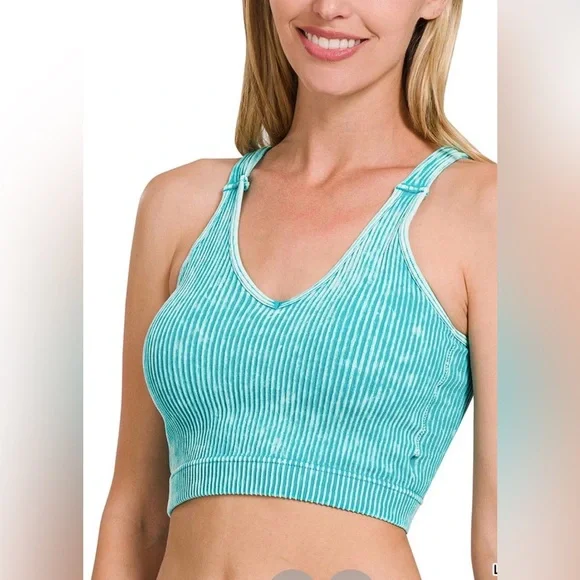Zenana Lt. Teal Ribbed Tank Bralette Cropped With Removable Padding - Picture 1 of 4